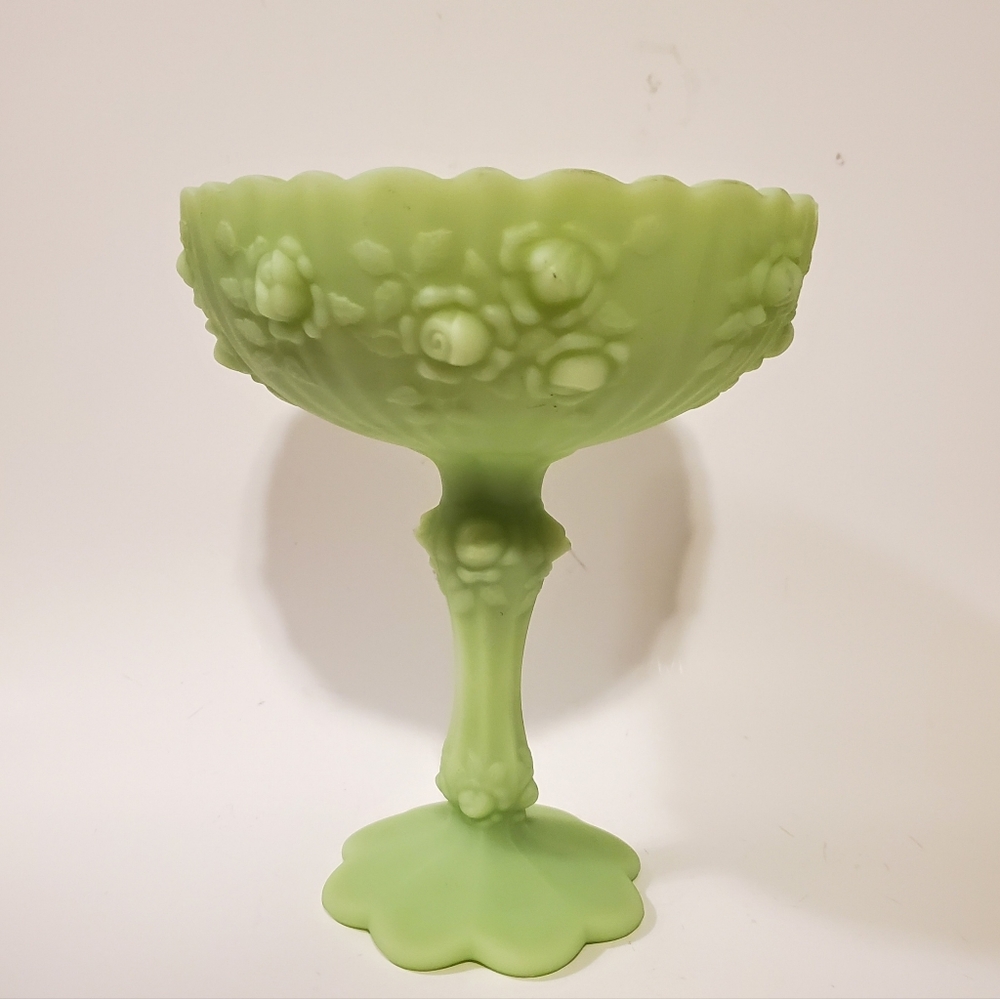 Vintage Fenton Art Glass Satin Compote Green Cabbage Roses Pedestal Satin Glass